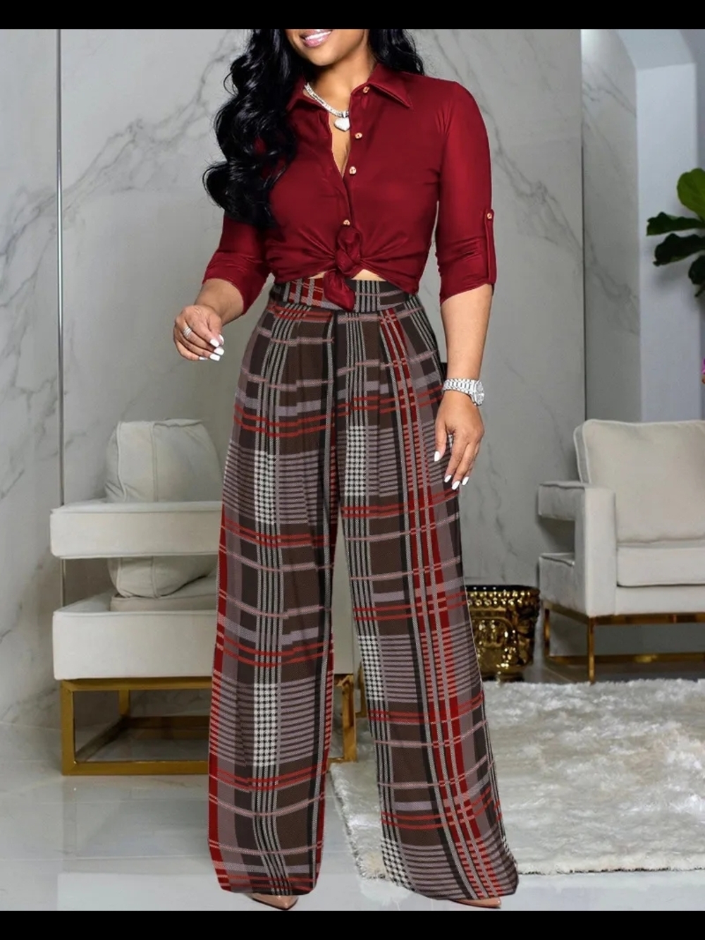 2-piece Wide-Leg Plaid Pants Set Red And Brown